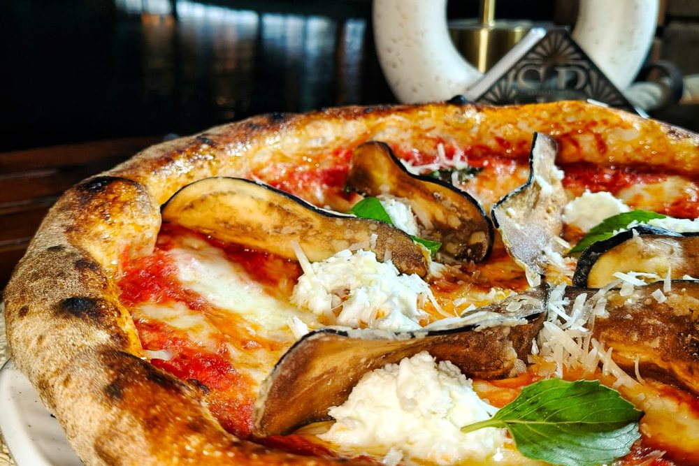 Eggplant parmigiana pizza