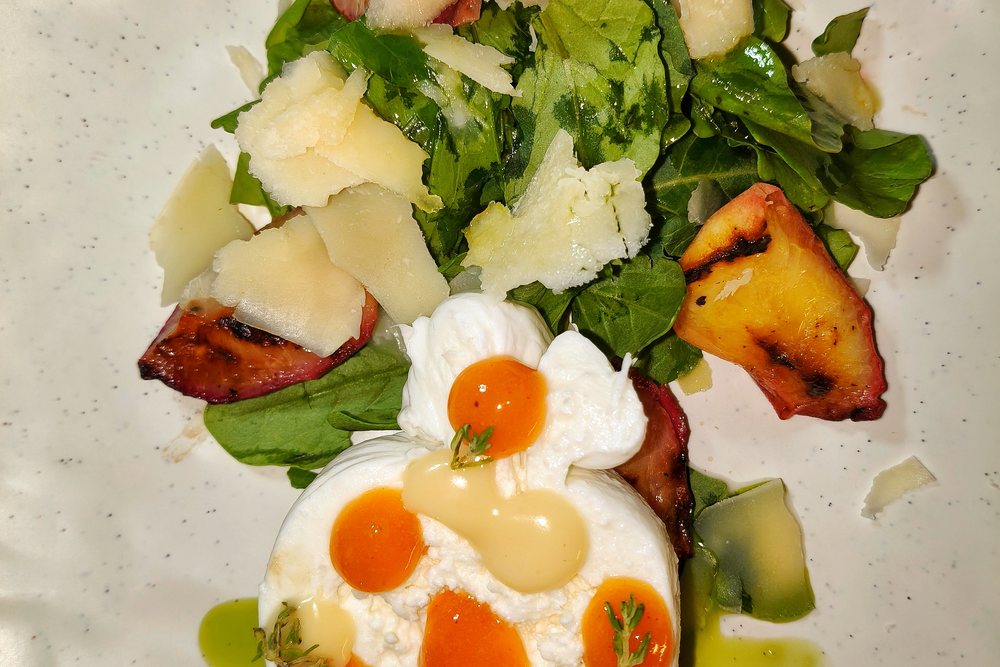 Grilled peach and burrata salad