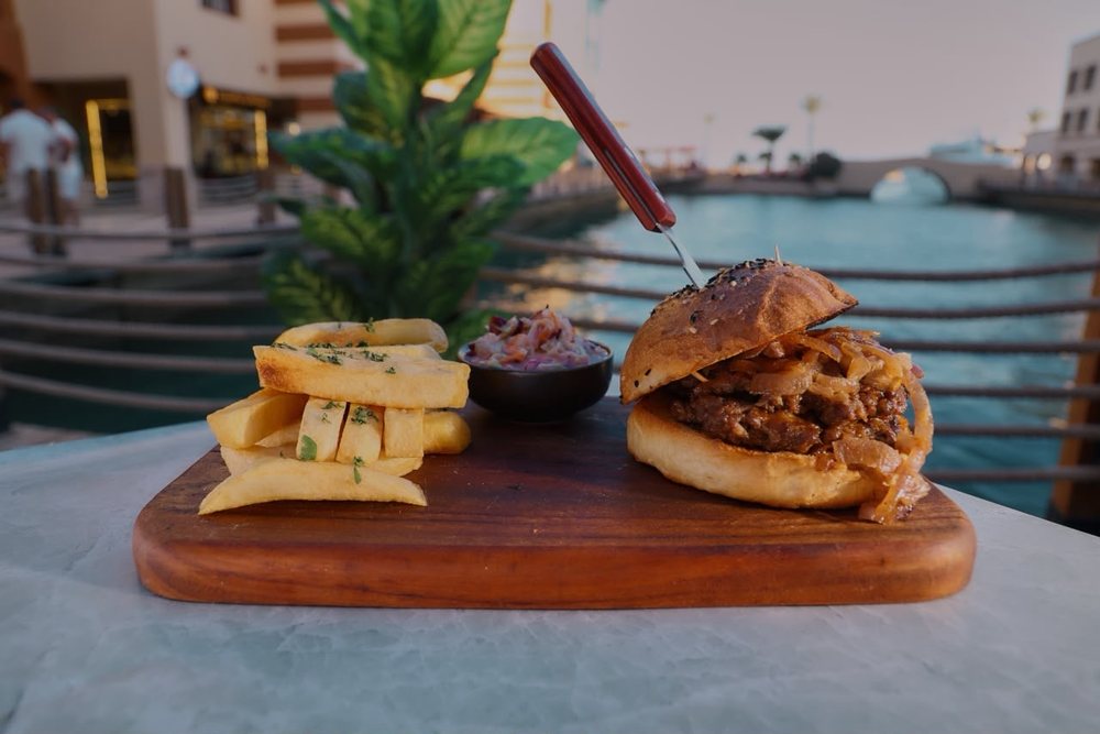 Mushroom Swiss burger on the terrace